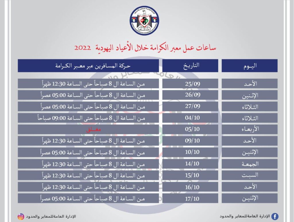 تعديل ساعات عمل معبر الكرامة "المواعيد"